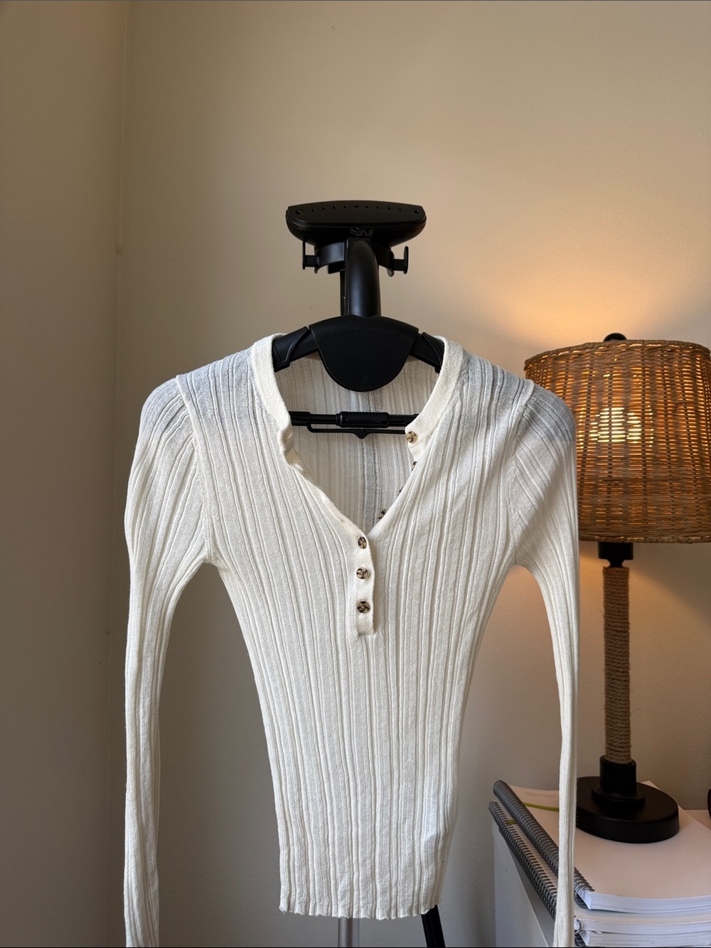 GAP White Ribbed V-Neck Button Slim Knit Sweater